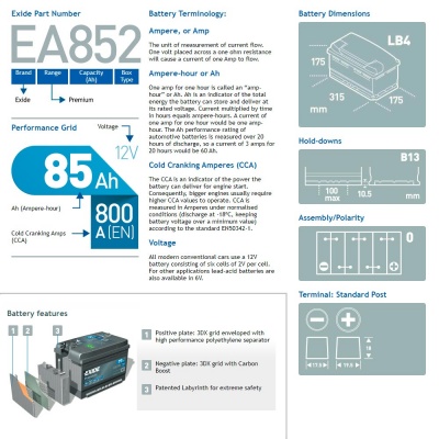 Аккумулятор Exide Premium EA852 (85 А/ч | О/п) Характеристики